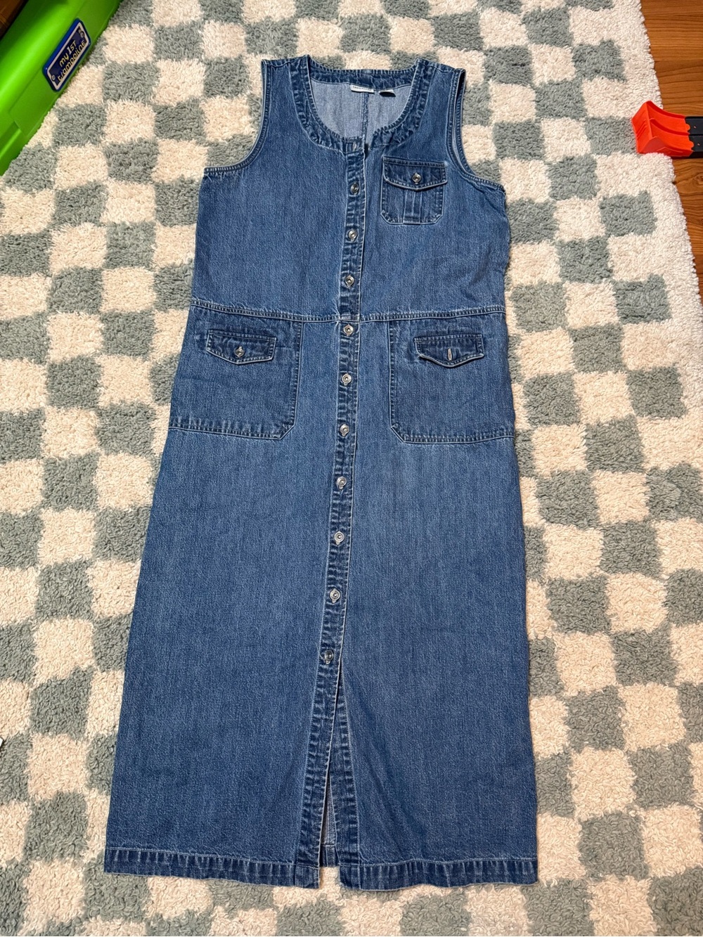 Crossroads blue jean cotton denim snap button front sleeveless jumper dress Vtg